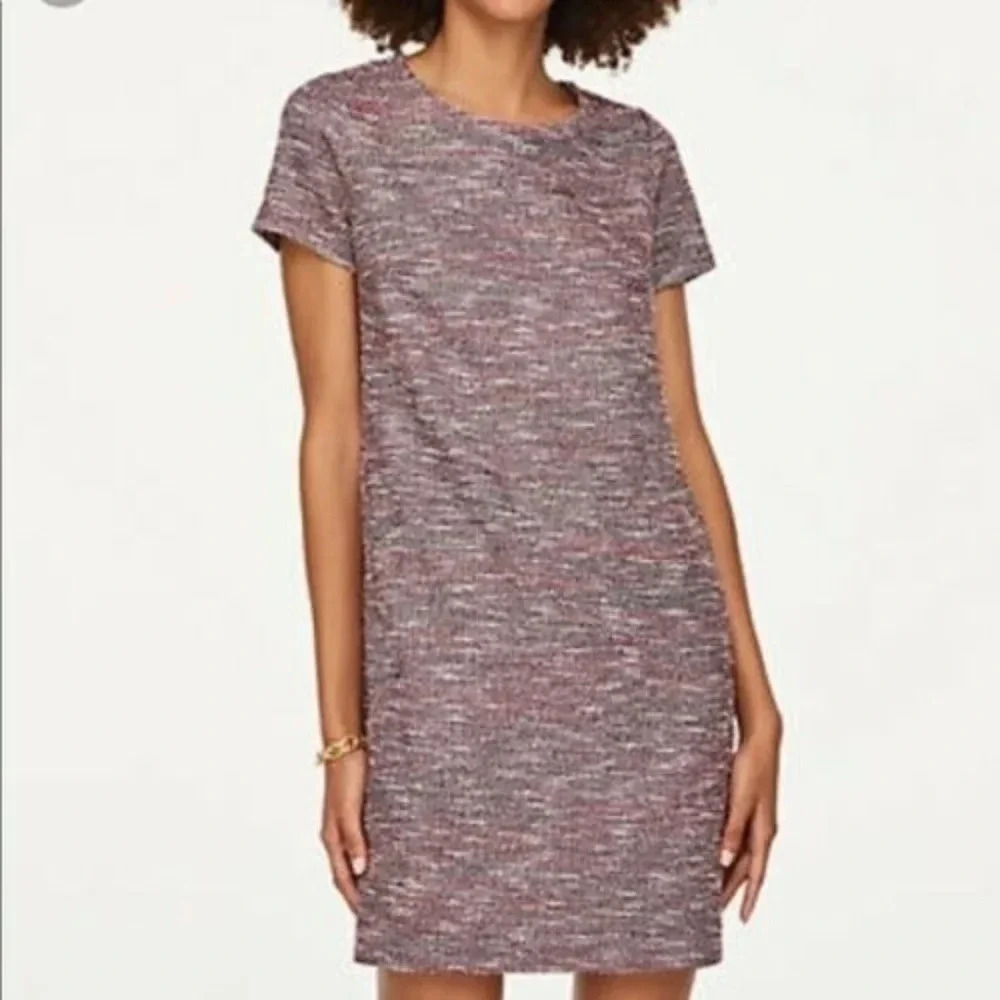 LOFT Red Shimmer Tweed Short Sleeve Shift Dress